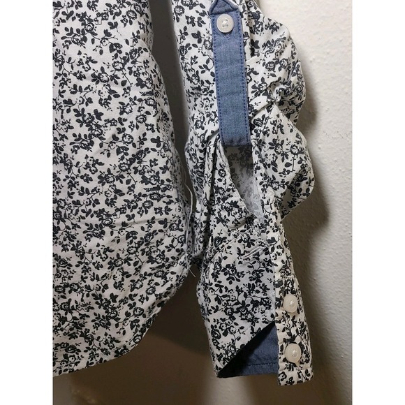 Tommy Hilfiger Womens Top Small Black White Floral Roll Tab Sleeve Button Up - Picture 6 of 7